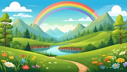 Naklejka premium Breathtaking Nature Scene Background Featuring a Vibrant Rainbow Arching Across the Sky in a Serene Landscape