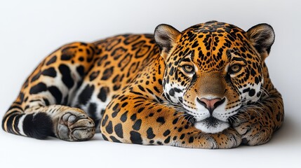 Obraz premium Majestic jaguar resting on white background, showcasing its spotted coat and powerful physique.