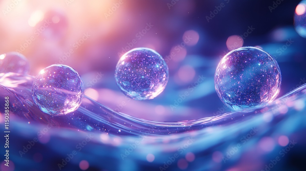 Poster floating bubbles in a vibrant abstract background with colorful light reflections and shimmering wat