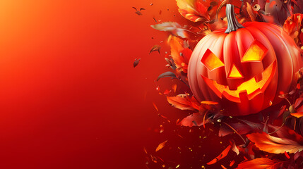 Glowing halloween pumpkin lantern on red background 3d jack s gourd banner for all hallows eve. Hallowed. Illustration