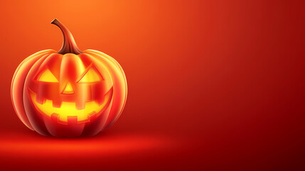 Glowing halloween pumpkin on red background, 3d jack s lantern banner design for all hallows eve. Hallowed. Illustration