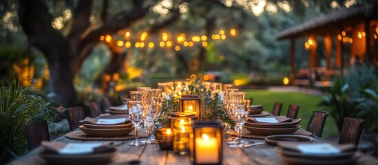 Outdoor dining table set with candles and decorations under a garden setting.