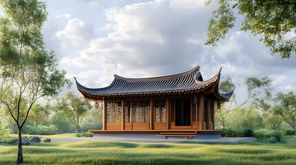 Obraz premium A graceful Ming dynasty garden house on an endless grassy plain.