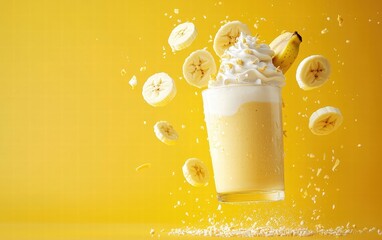 A banana milkshake levitating mid-air with banana slices and whipped cream, on a sunny yellow background