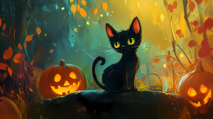Halloween background with cat and pumpkin. Hallowed. Illustration