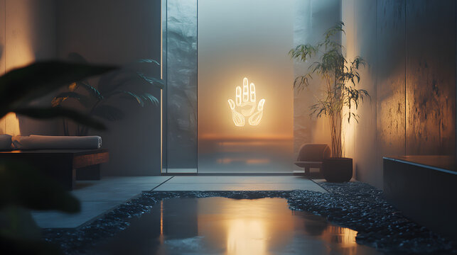 A tranquil room with a glowing hand-drawn symbol embedded in a frosted glass wall.