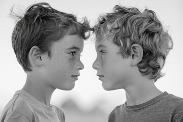 Two young boys with messy hair and a black and white photo of them