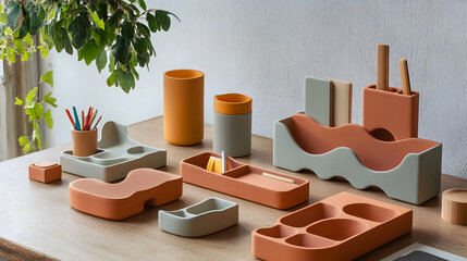 A unique desk organizer with modular puzzle-piece compartments.