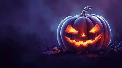 Naklejka premium Halloween pumpkin lantern with wide smiley face and smoky dark background. Hallowed. Illustration