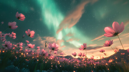 A vast field of glowing flowers under a swirling aurora sky.