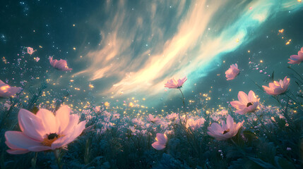 A vast field of glowing flowers under a swirling aurora sky.