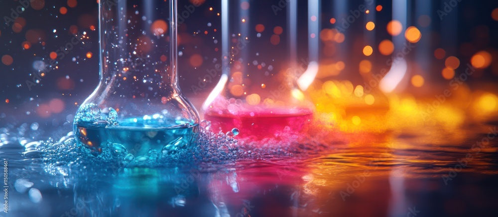 Aufkleber flasks with colorful liquids and bokeh lights.