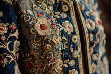 Beautifully embroidered jacket featuring colorful floral patterns, showcasing exquisite craftsmanship and attention to detail in a stylish outdoor setting