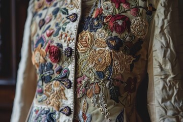 Beautifully embroidered jacket featuring colorful floral patterns, showcasing exquisite craftsmanship and attention to detail in a stylish outdoor setting