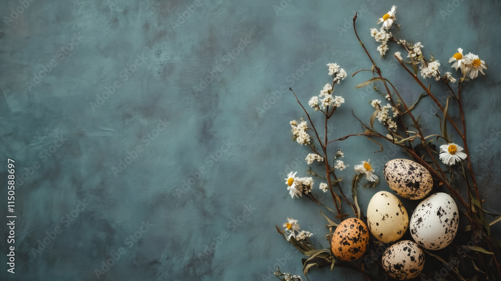 Poster beautiful festive composition with easter eggs adorned in natural patterns on a teal background, sur