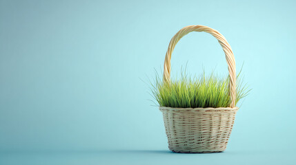 Wicker basket full of vibrant green grass symbolizing easter and spring renewal, set against a serene light blue backdrop
