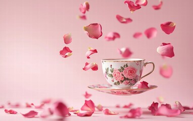 A floral rose tea cup levitating mid-air with delicate rose petals, on a soft pink background