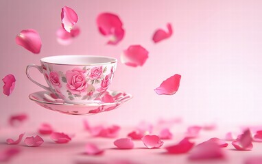 A floral rose tea cup levitating mid-air with delicate rose petals, on a soft pink background