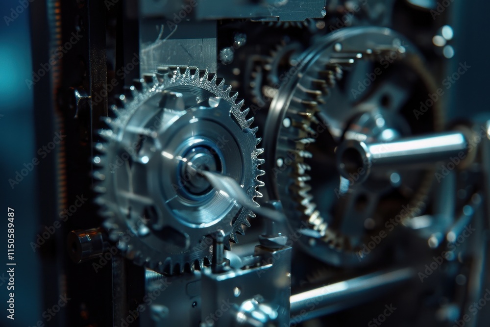 Poster Close-up view of intricate gears and machinery components in a workshop environment showcasing engineering details
