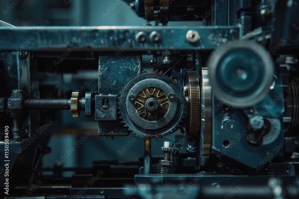 Poster Close-up view of intricate gears and machinery components in a workshop environment showcasing engineering details