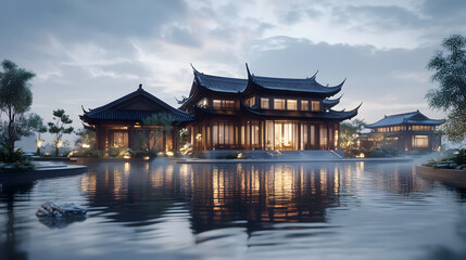 Fototapeta premium A grand Ming dynasty lakeside villa set on a vast plain.