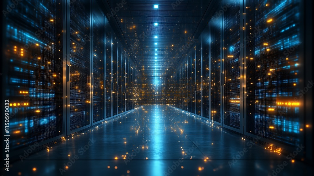 Aufkleber illuminated server room corridor showing digital data flow