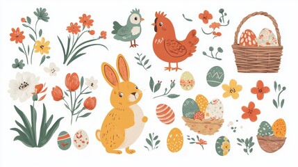  Happy Easter cute vector set. Rabbit, egg, flower, chicken, basket with eggs and other spring elements. Vector cartoon illustration