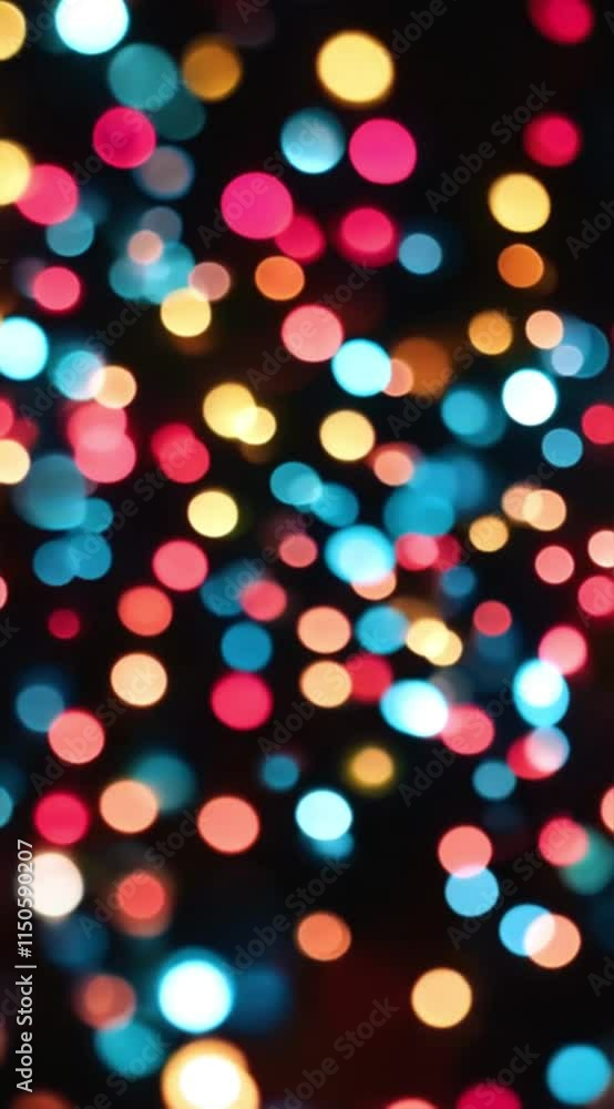 Poster A stunning display of multicolored bokeh lights creating a vibrant, dreamy effect on a dark backdrop, vertical video