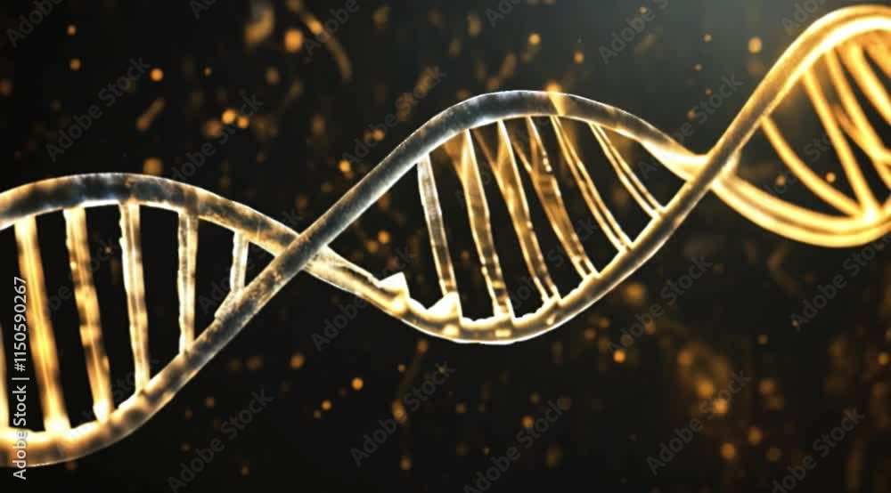 Poster  golden DNA double helix structure with glowing particles on a dark, futuristic background