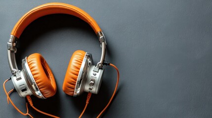 Orange headphones on a dark gray surface.