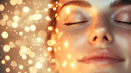 A blissful face with closed eyes softly illuminated by flickering fairy lights.