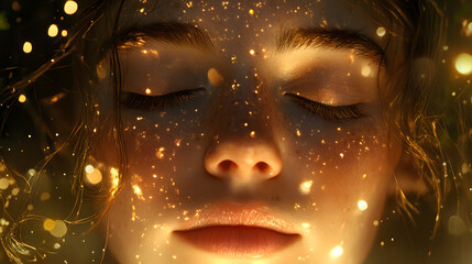 A blissful face with closed eyes softly illuminated by flickering fairy lights.