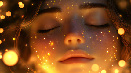 A blissful face with closed eyes softly illuminated by flickering fairy lights.