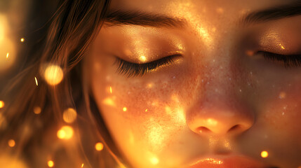 A blissful face with closed eyes softly illuminated by flickering fairy lights.