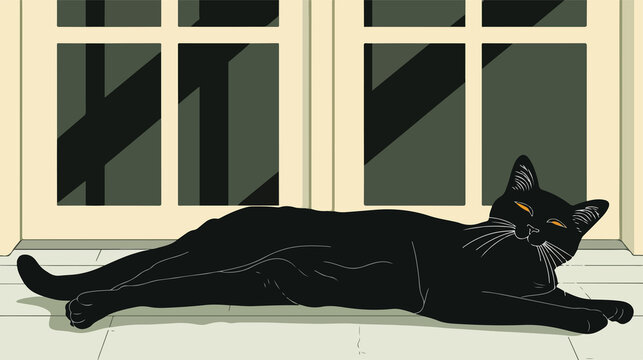 Relaxed Black Cat Lying Outside on Terrace Floor