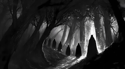 Dark forest shadows of all hallows eve. Hallowed. Illustration