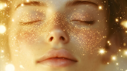 A blissful face with closed eyes surrounded by soft glowing stars.