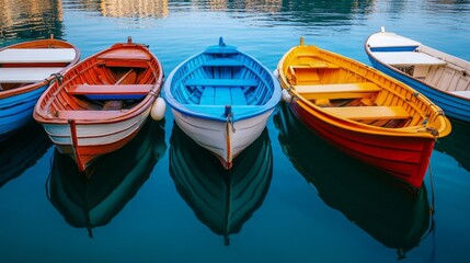 Obraz premium Colorful Rowboats on a Serene Lake
