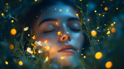 A blissful face with closed eyes surrounded by soft glowing stars.