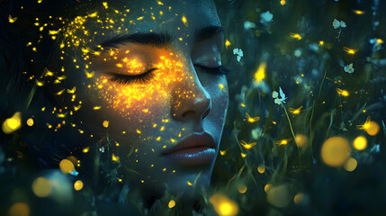 A blissful face with closed eyes surrounded by soft glowing stars.