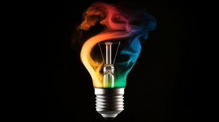 Colorful Smoke Curls From the Base of a Light Bulb Against a Dark Background, Showcasing an Artistic Display of Vibrant Hues