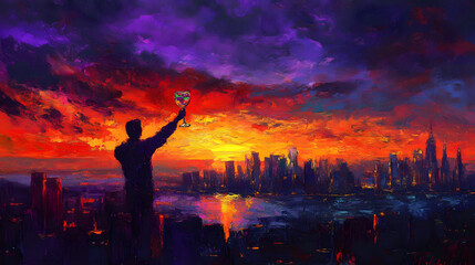 A bold painting of a person raising a colorful cocktail glass against a sunset skyline.