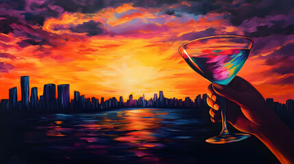 A bold painting of a person raising a colorful cocktail glass against a sunset skyline.