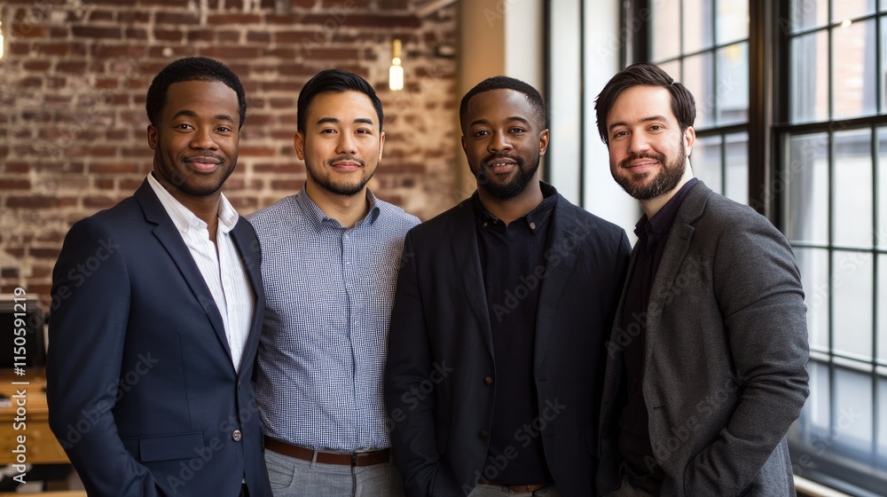 Poster multi-ethnic team leaders smiling and confident, posing in a professional yet friendly workspace wit