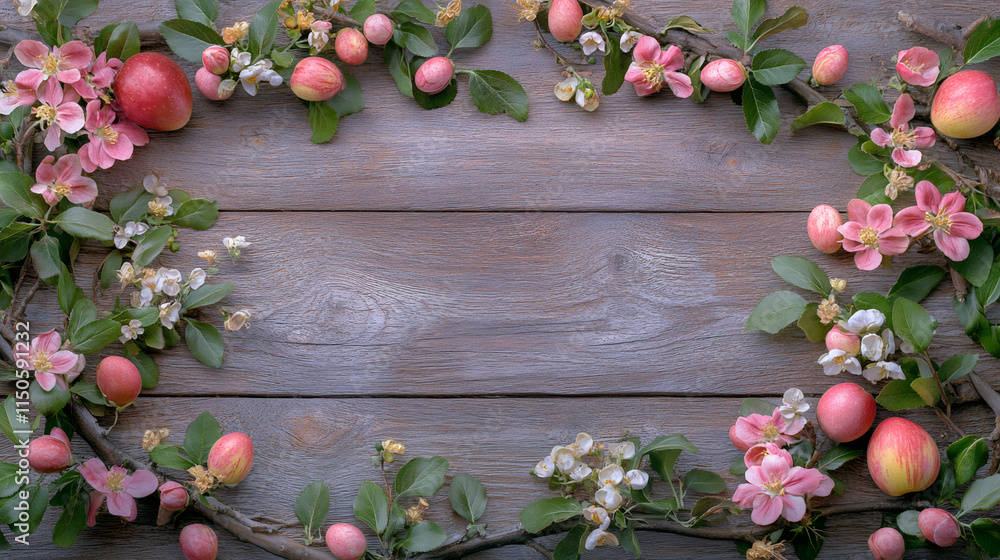 Poster Easter decoration with apple tree branches forming a frame on wooden background with copy space