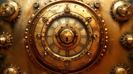 Ornate antique brass vault safe clock face.