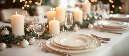 Festive Christmas table setting with candles and decorations.