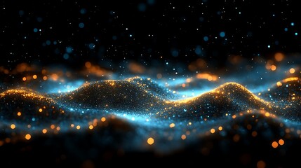 Glittering Blue And Orange Particles Flowing In Waves