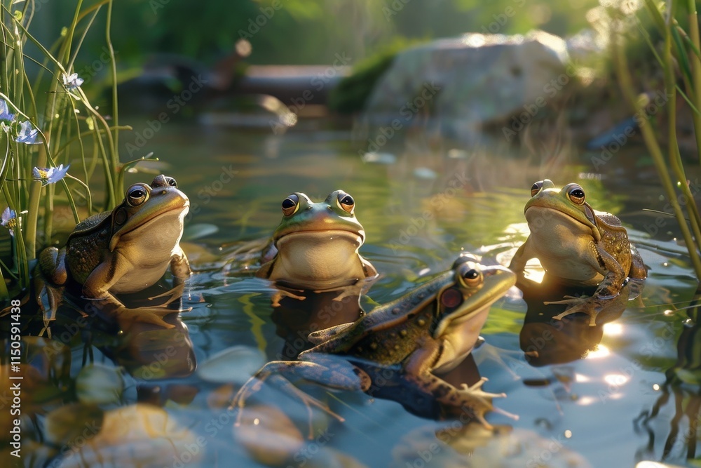 Aufkleber colorful frogs resting on rocks in a serene stream surrounded by lush greenery during a sunny day in