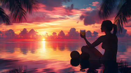 A bright artwork of a woman raising a fresh coconut drink under a tropical sunset.